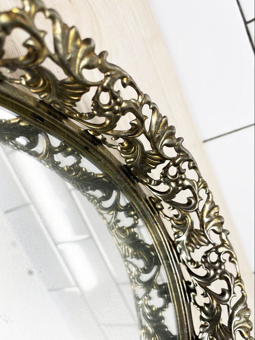 vintage brass framed ornate oval vanity mirror tray