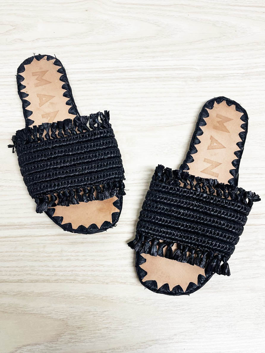 manebi woven raffia fringe slip on sandal | made in india