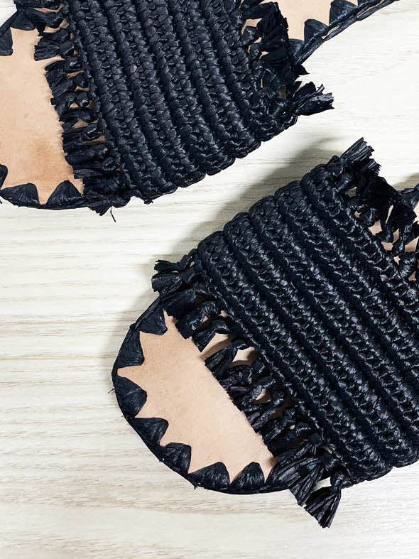 manebi woven raffia fringe slip on sandal | made in india