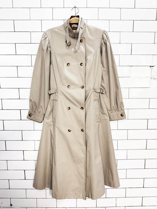 vintage 80s rain shedder puff shoulder cinch waist double breasted a-line trench coat | ken meritt