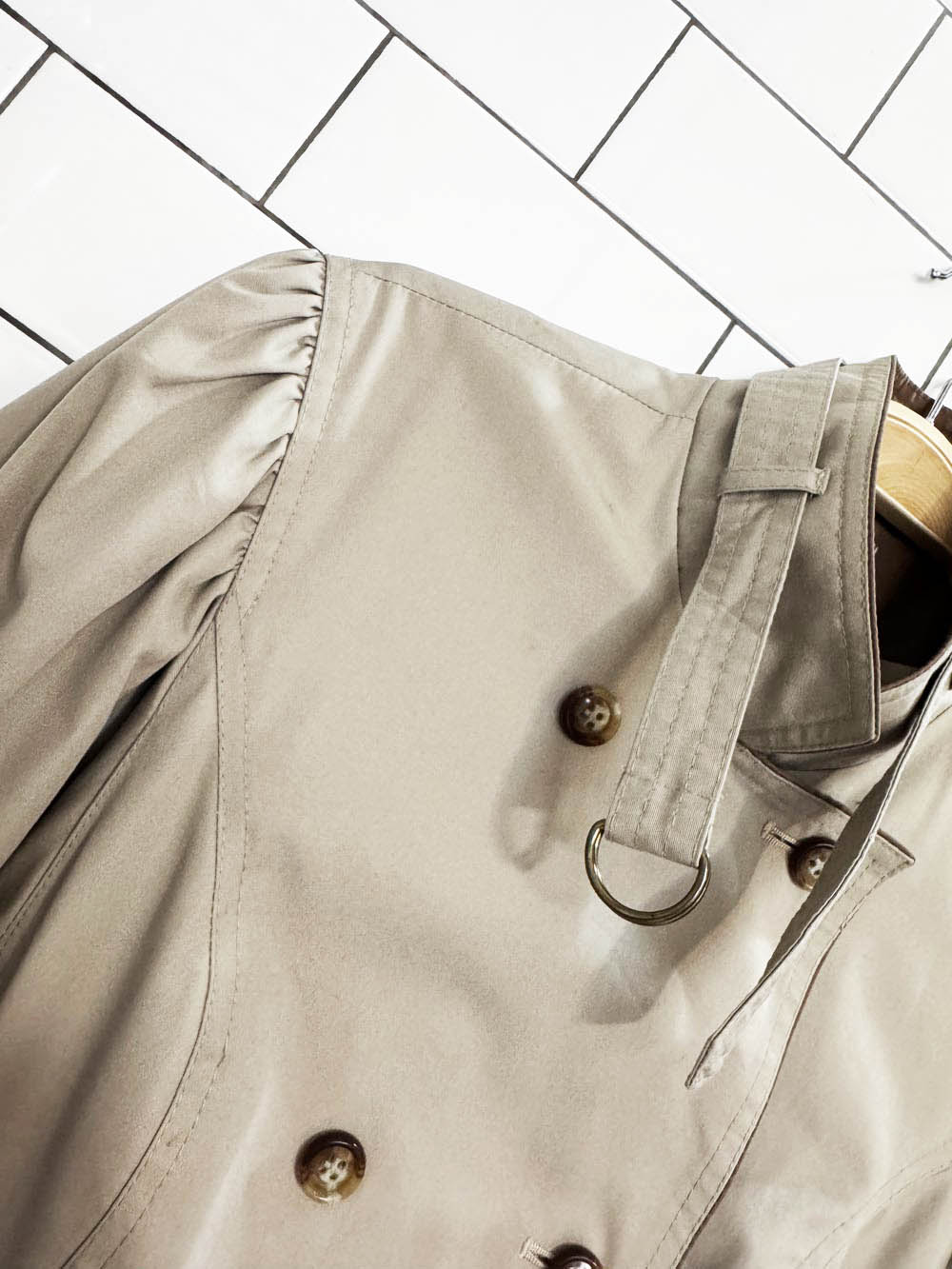vintage 80s rain shedder puff shoulder cinch waist double breasted a-line trench coat | ken meritt