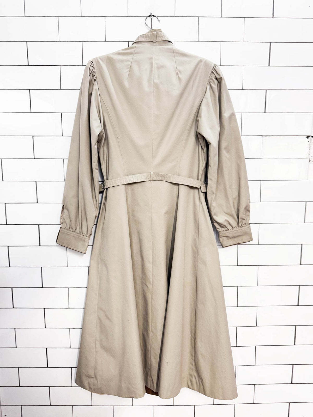 vintage 80s rain shedder puff shoulder cinch waist double breasted a-line trench coat | ken meritt