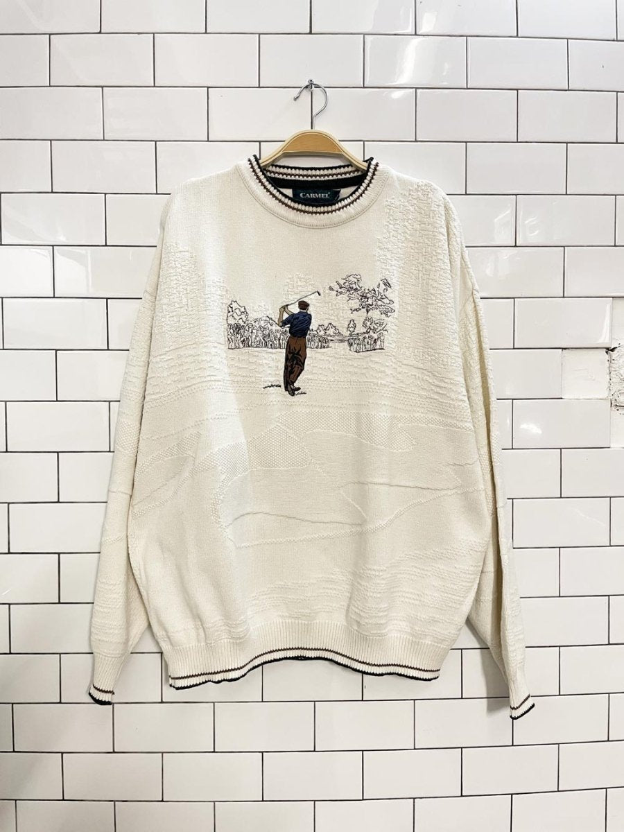 vintage carmel embroidered golfer knit dad sweater - good market thrift store