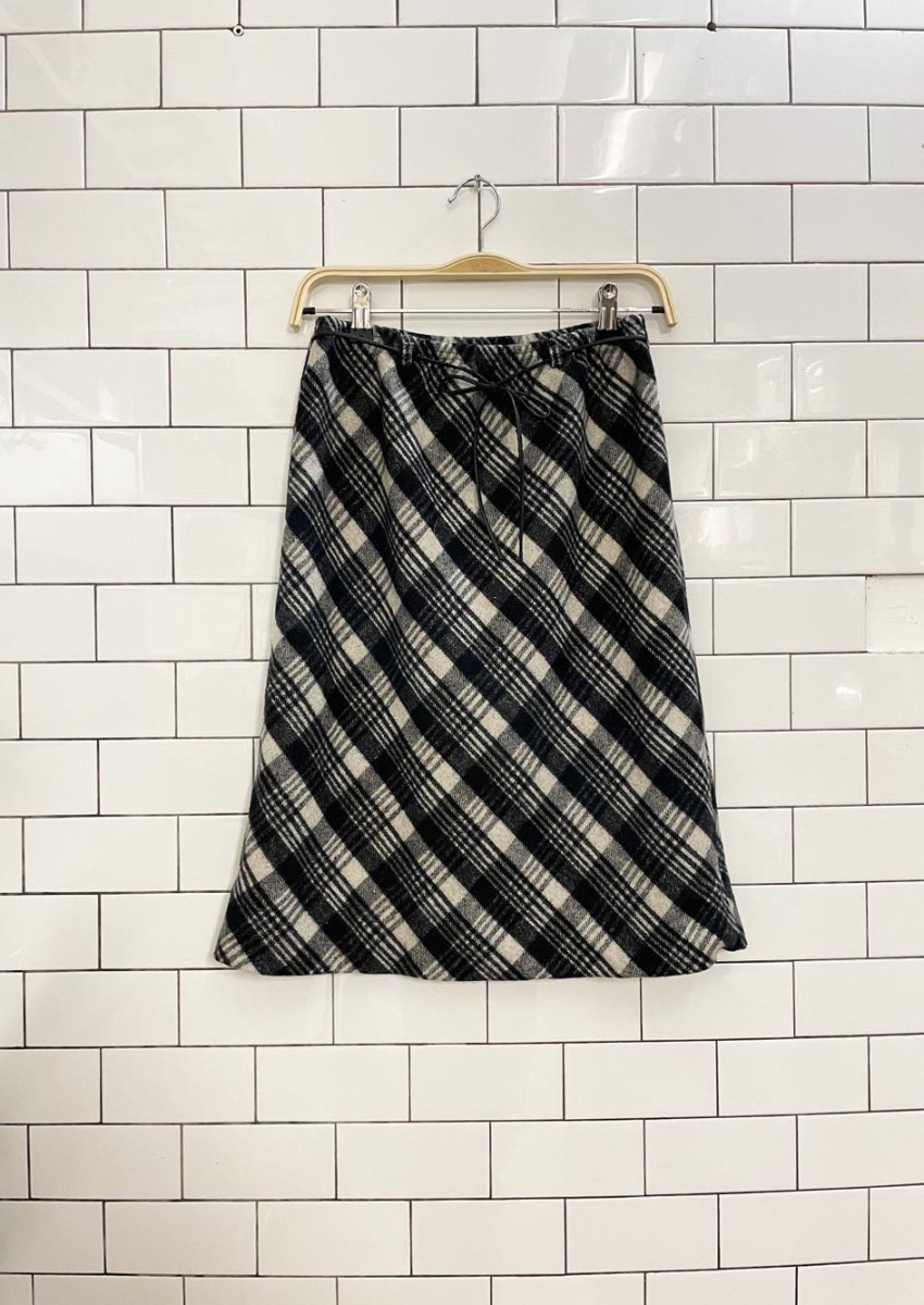 y2k fuzzy diamond plaid tie waist knee length skirt - good market thrift store
