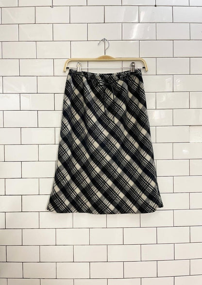 y2k fuzzy diamond plaid tie waist knee length skirt - good market thrift store