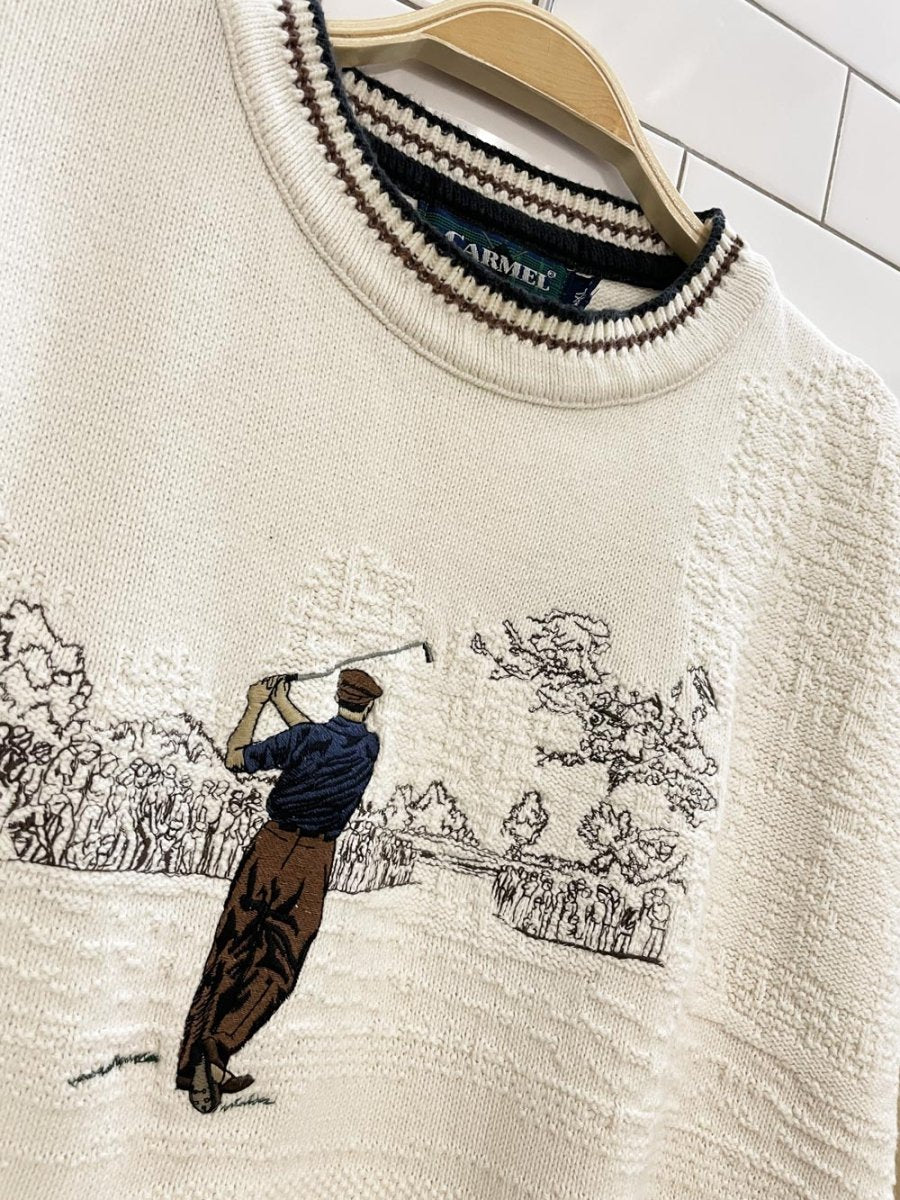 vintage carmel embroidered golfer knit dad sweater - good market thrift store