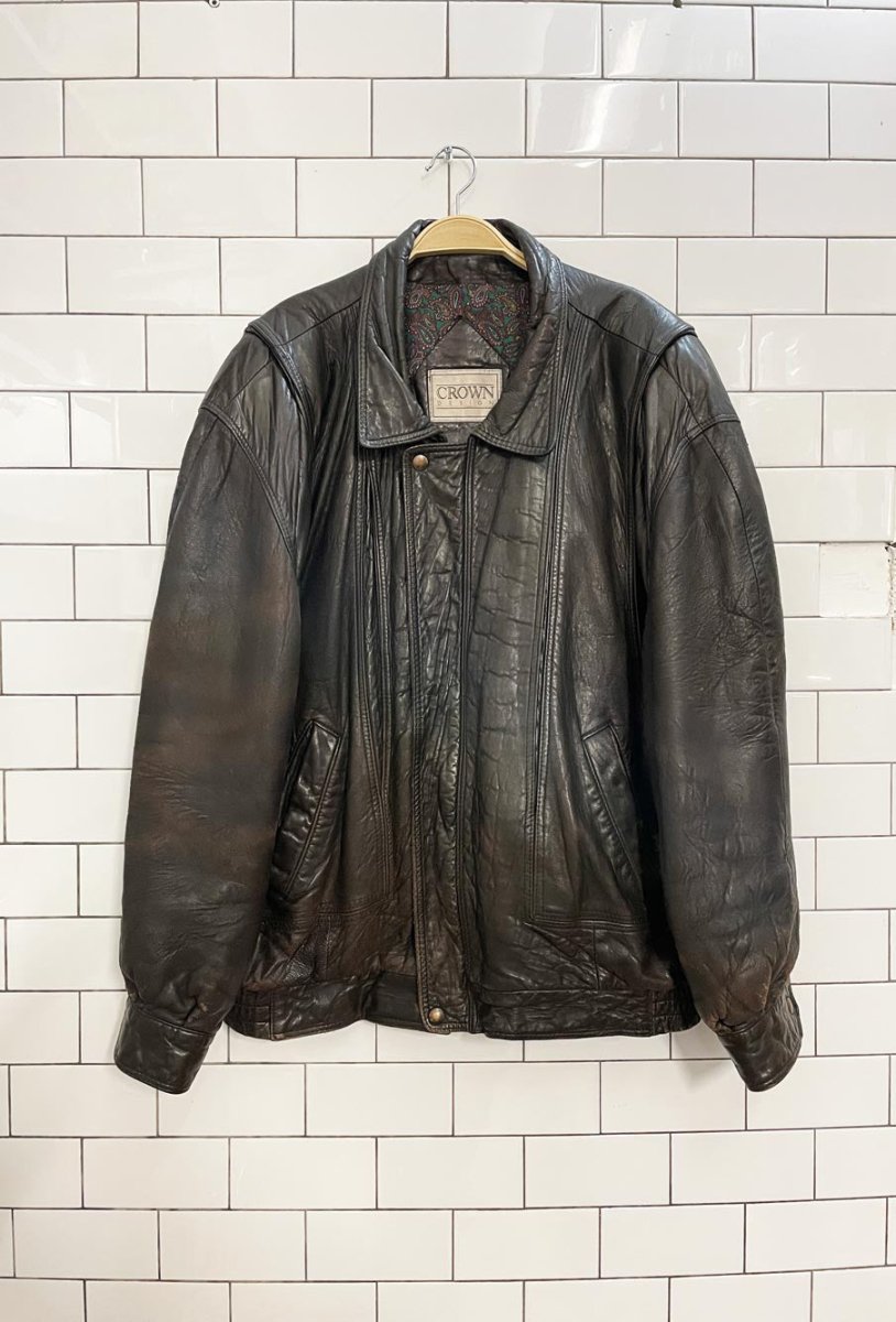 vintage 90s crown design soft leather bomber jacket - good market thrift store