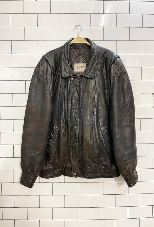 vintage 90s crown design soft leather bomber jacket - good market thrift store