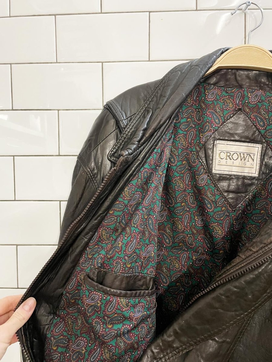 vintage 90s crown design soft leather bomber jacket - good market thrift store