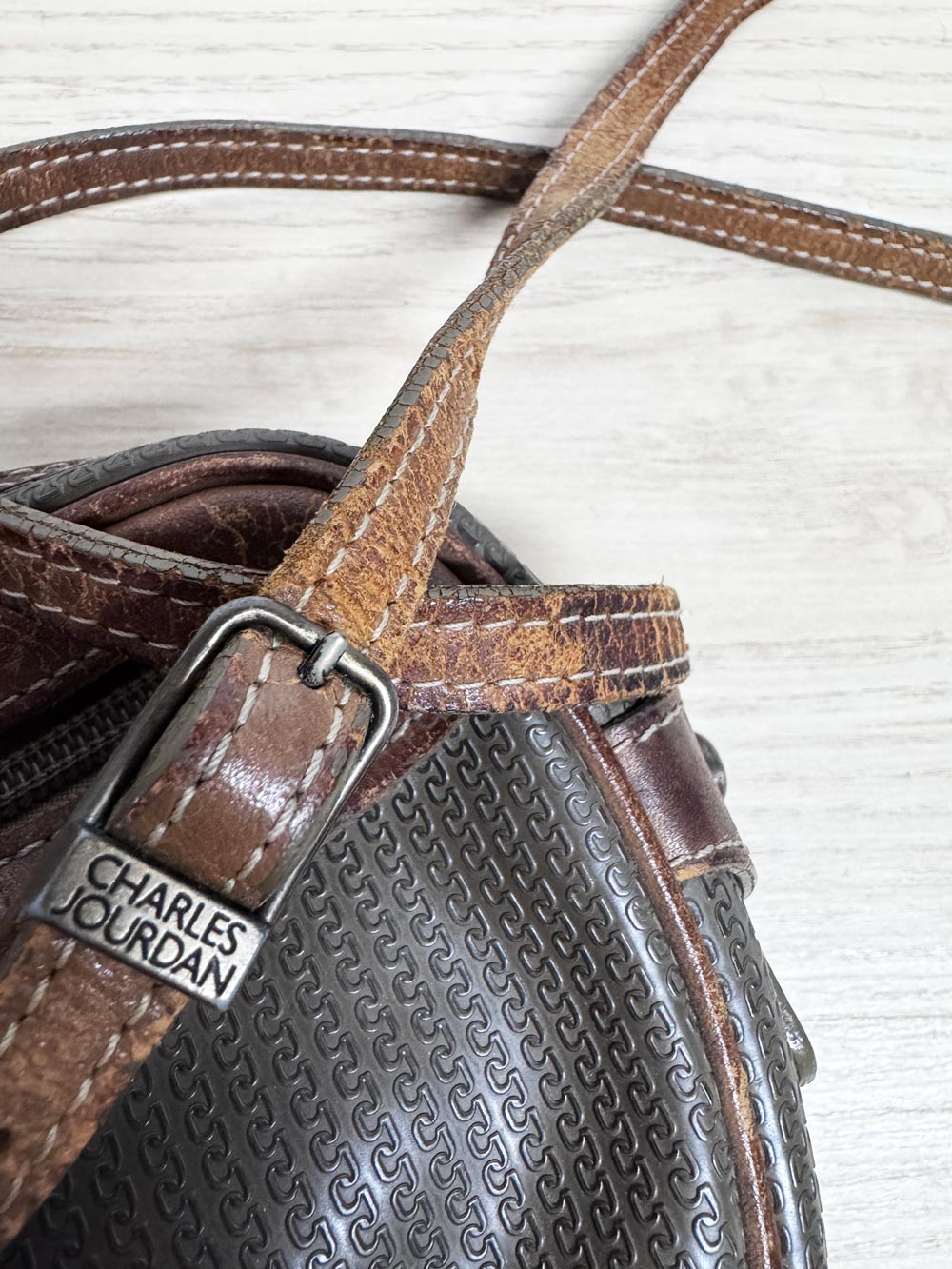 vintage charles jourdan leather trim textured canvas crossbody bag