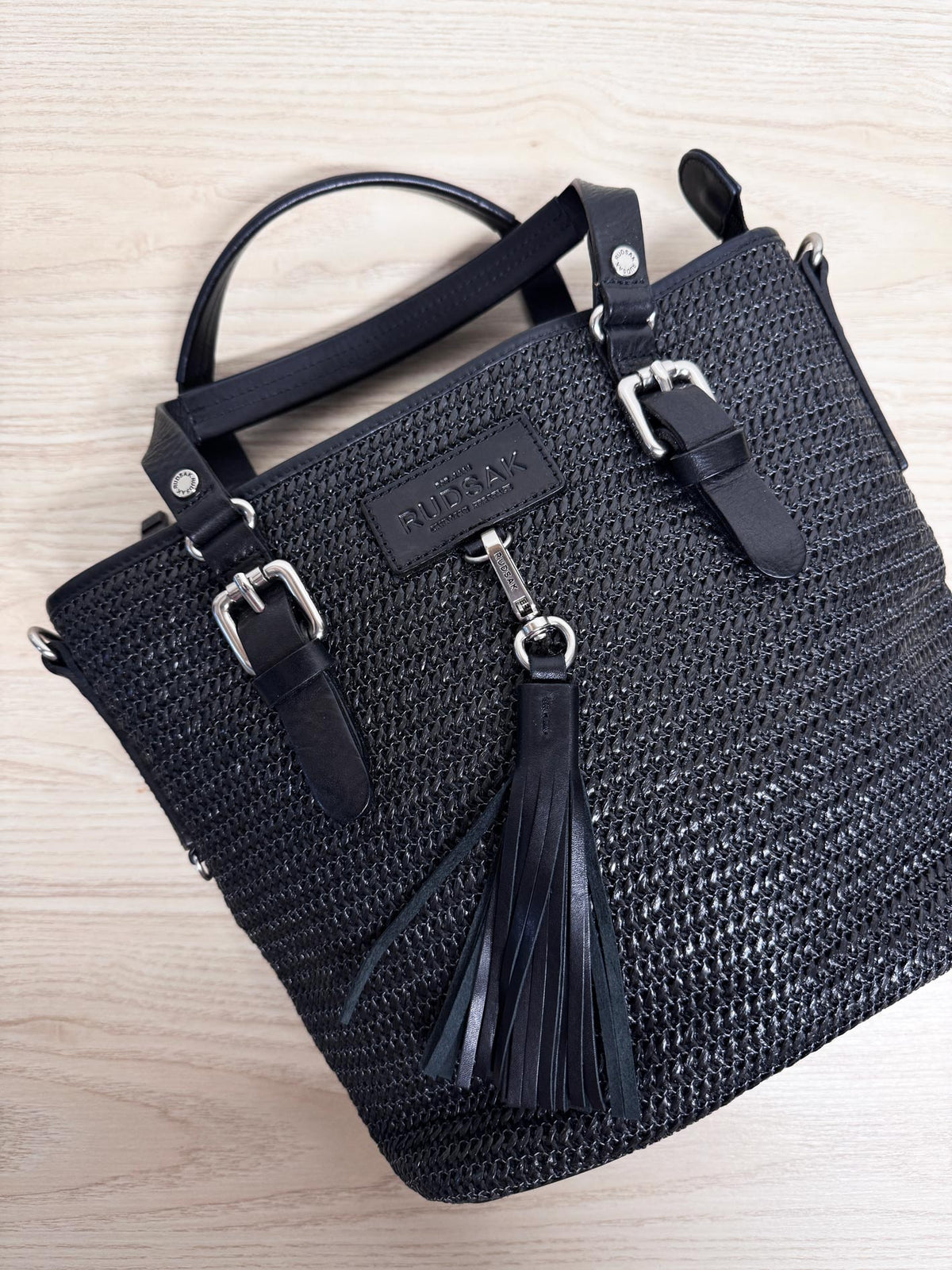 rudsak leather trim raffia woven satchel tote