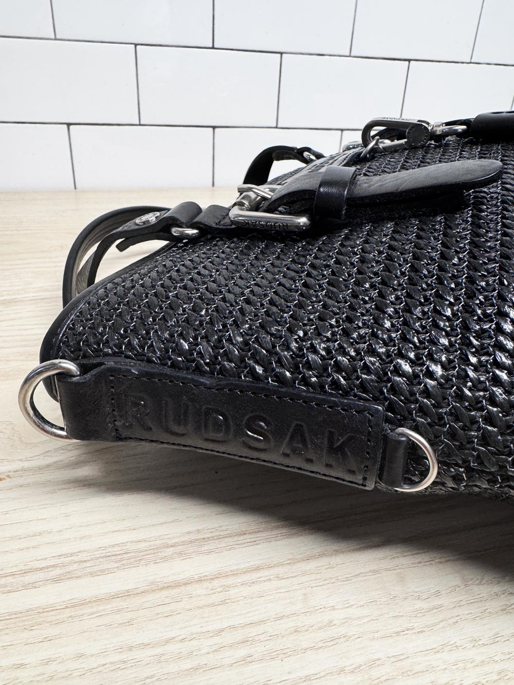 rudsak leather trim raffia woven satchel tote