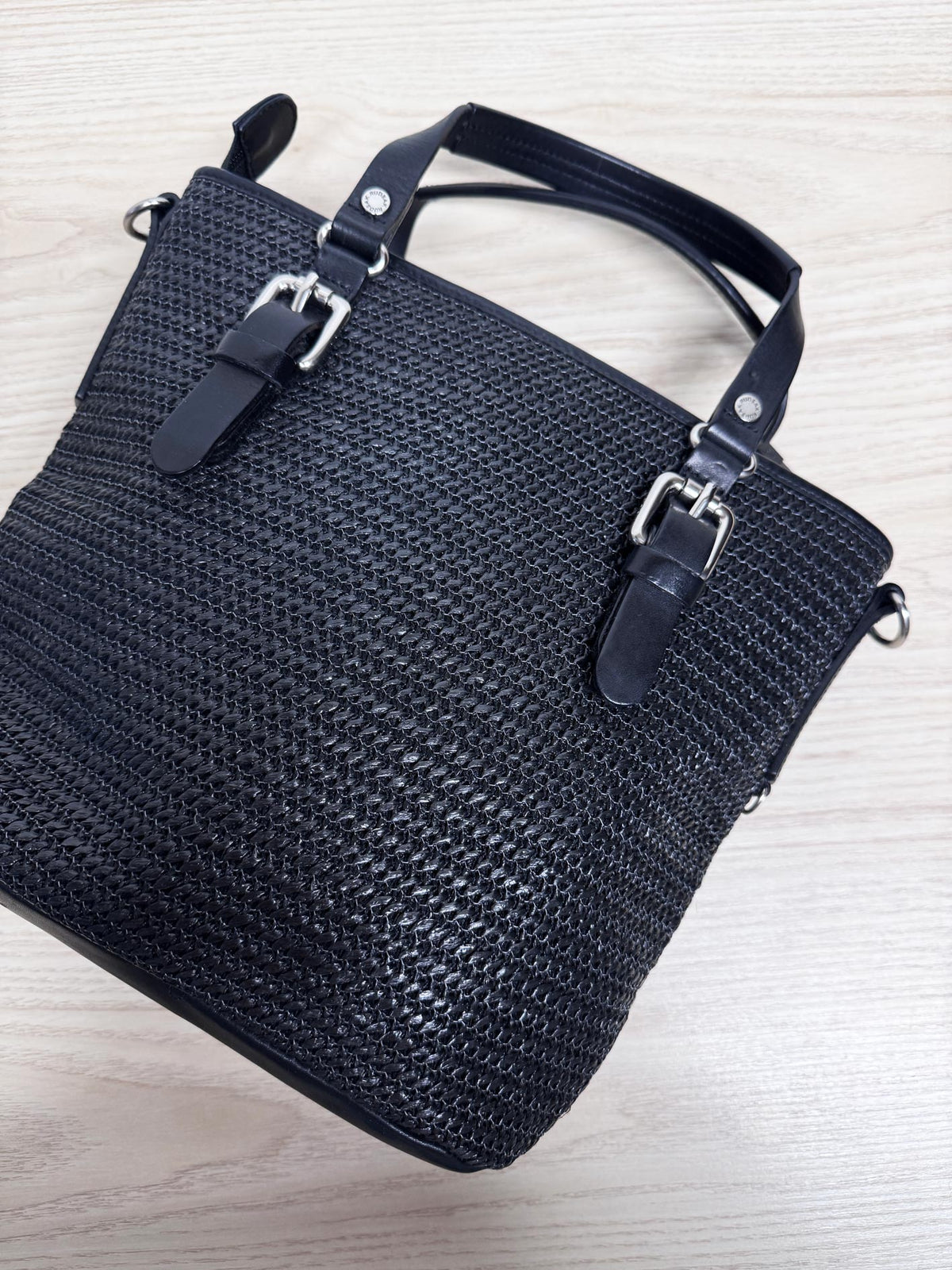 rudsak leather trim raffia woven satchel tote
