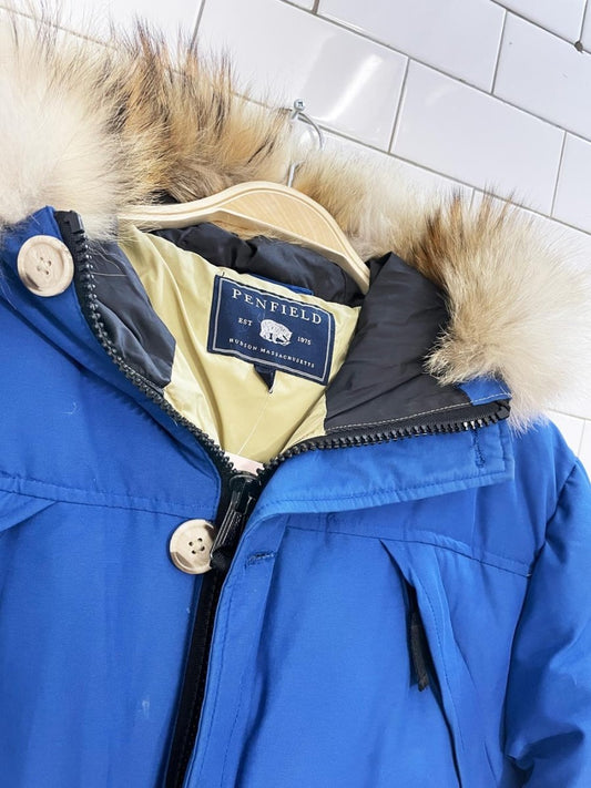 penfield short goose down parka with fur hood - good market thrift store