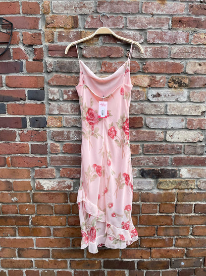 y2k xoxo cowl neck chiffon rose midi dress