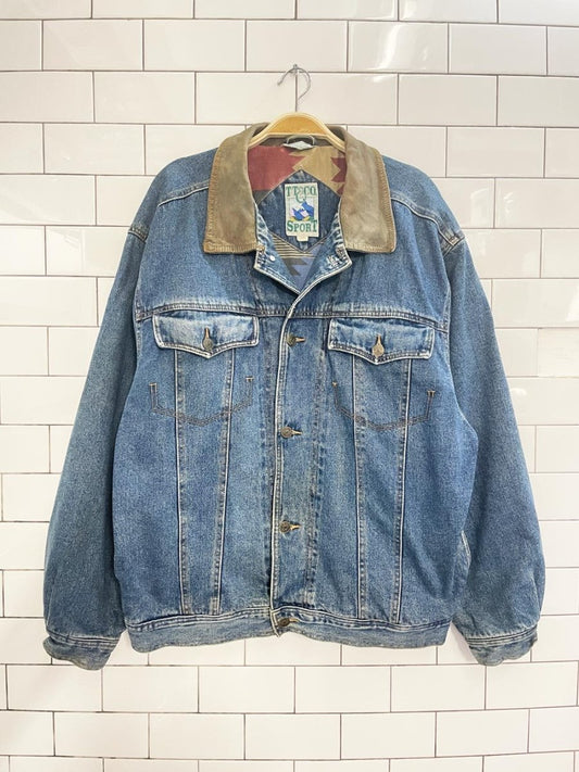 vintage 90s tt&co leather collar southwestern flannel lined denim trucker jacket - good market thrift store