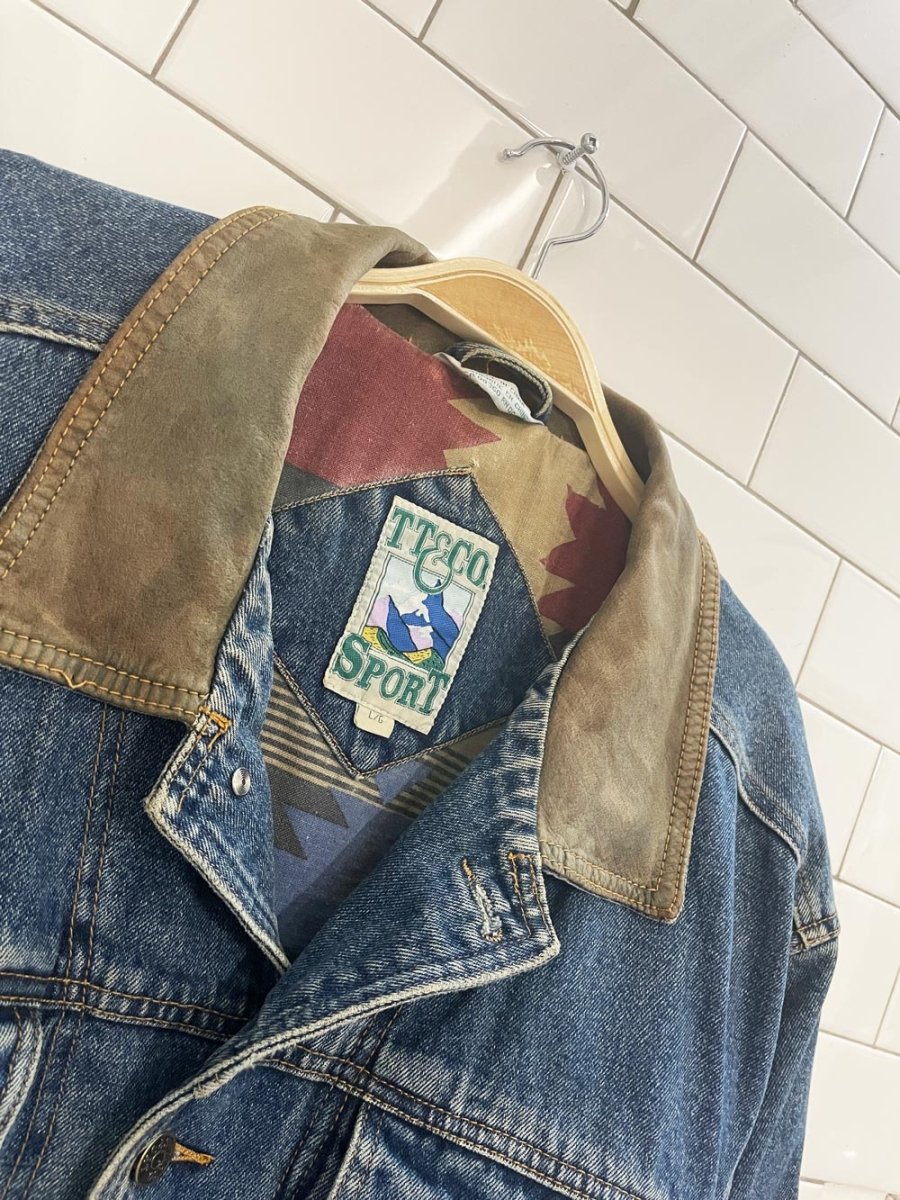 vintage 90s tt&co leather collar southwestern flannel lined denim trucker jacket - good market thrift store