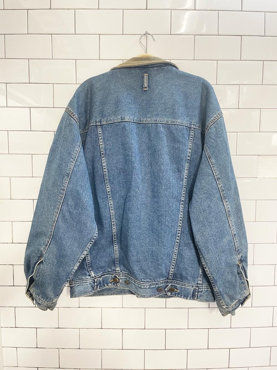 vintage 90s tt&co leather collar southwestern flannel lined denim trucker jacket - good market thrift store