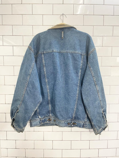 vintage 90s tt&co leather collar southwestern flannel lined denim trucker jacket - good market thrift store