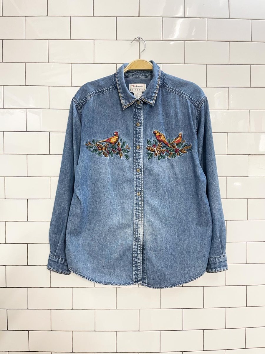 vintage 90s talbots embroidered birds denim shirt - good market thrift store