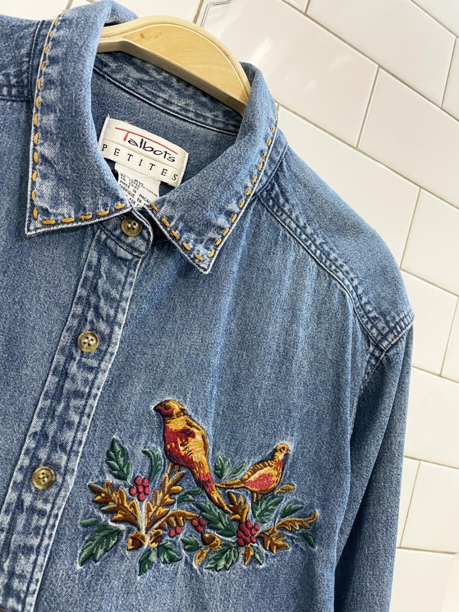 vintage 90s talbots embroidered birds denim shirt - good market thrift store