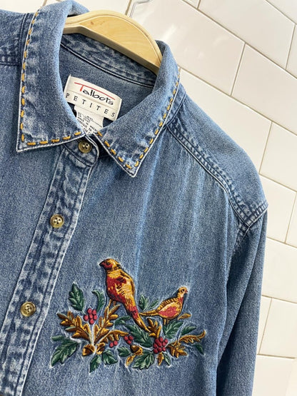 vintage 90s talbots embroidered birds denim shirt - good market thrift store