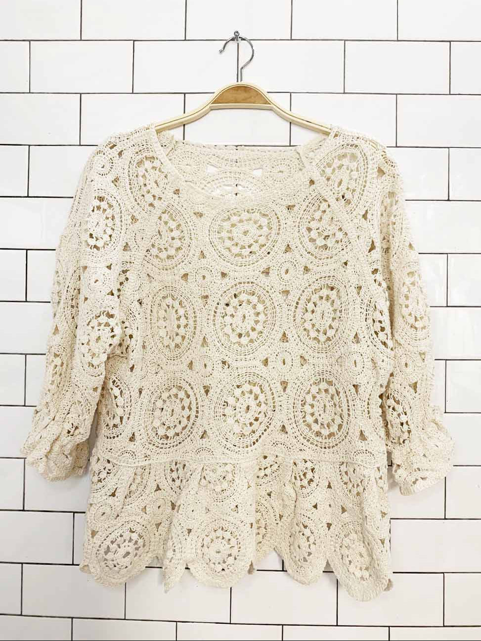 crochet knit boxy peplum hem puff sleeve top