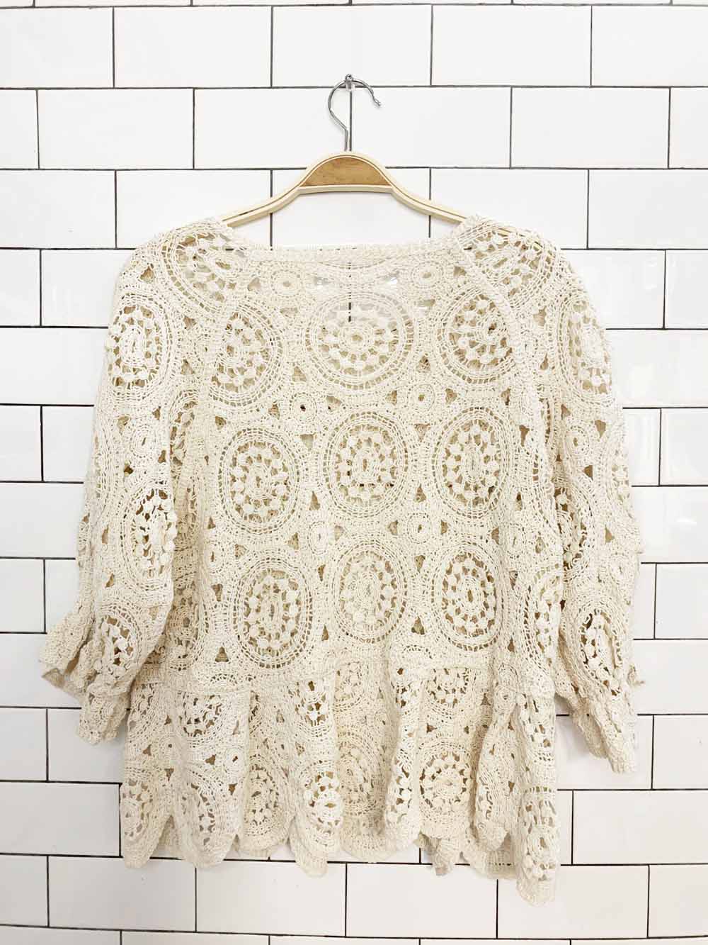 crochet knit boxy peplum hem puff sleeve top
