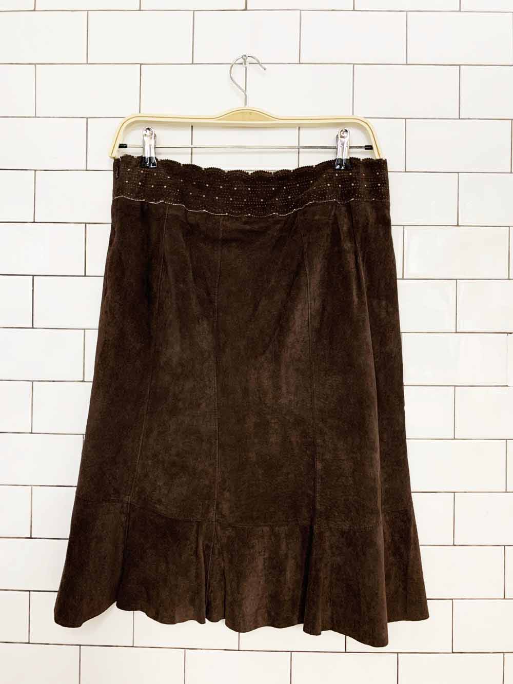 vintage 00s cabi suede tulip hem knee-length skirt