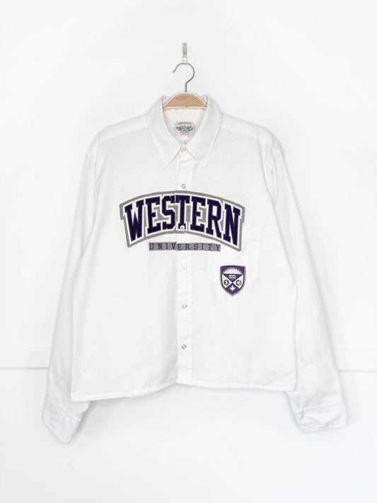 vintage oxford x western university collegiate sporty prep cropped shirt | rework
