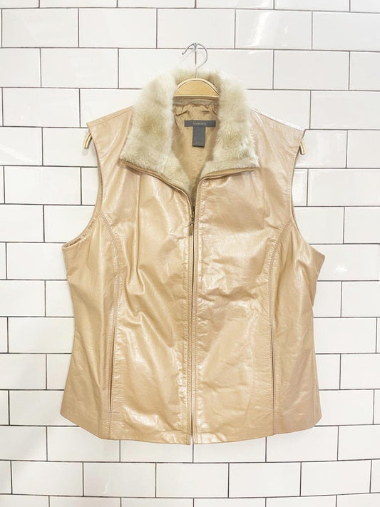 y2k liz claiborne pearl leather minimal zip vest with faux fur trim - good market thrift store
