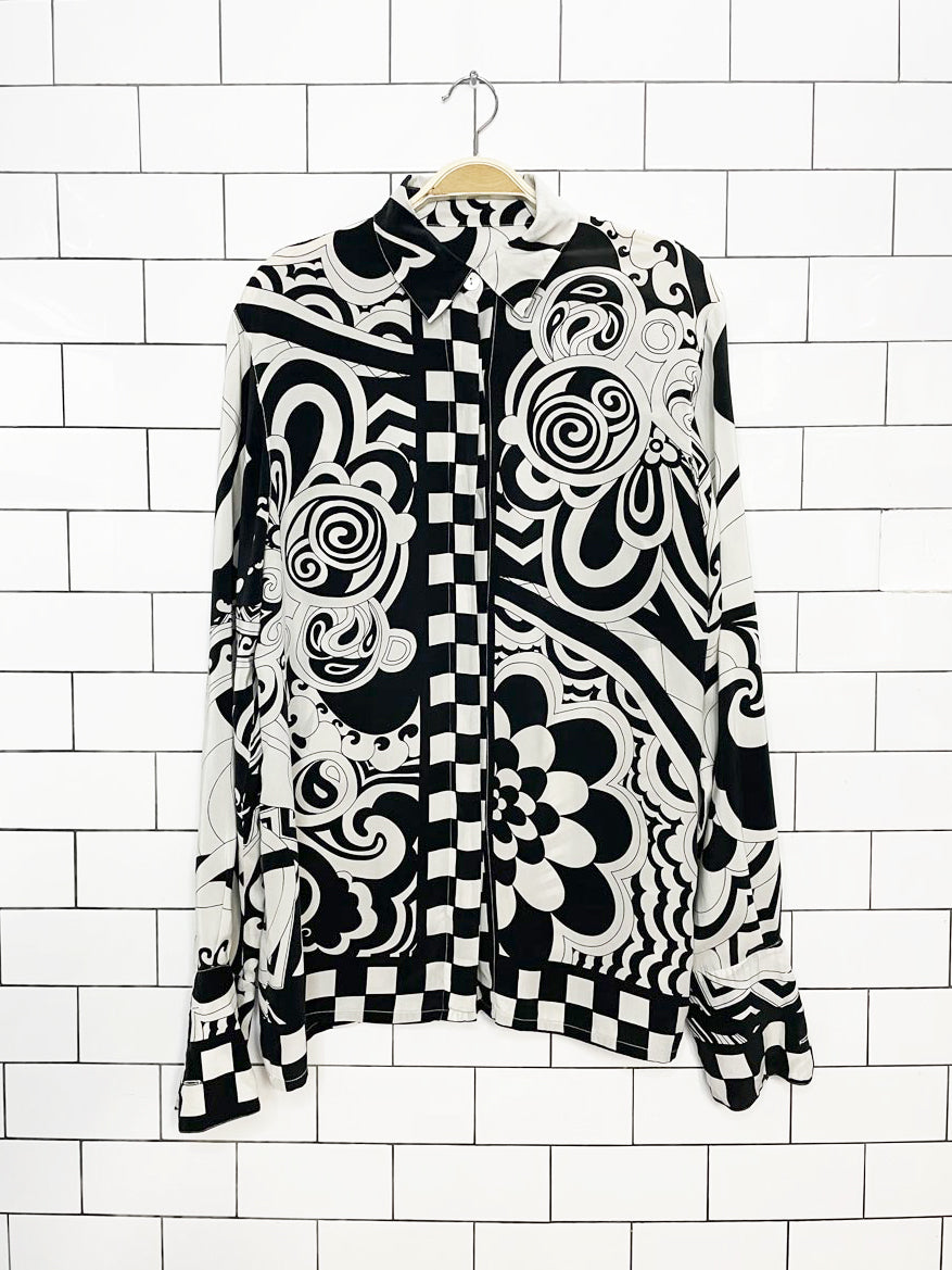 vintage 90s 100% silk geometric print full-button blouse