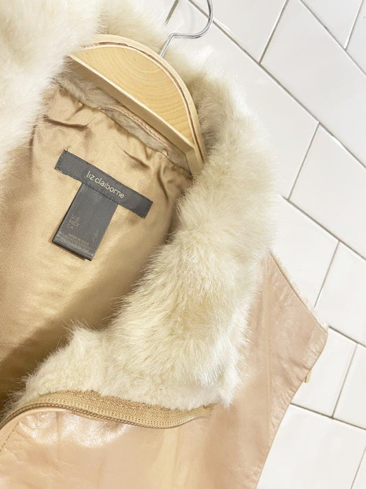 y2k liz claiborne pearl leather minimal zip vest with faux fur trim - good market thrift store