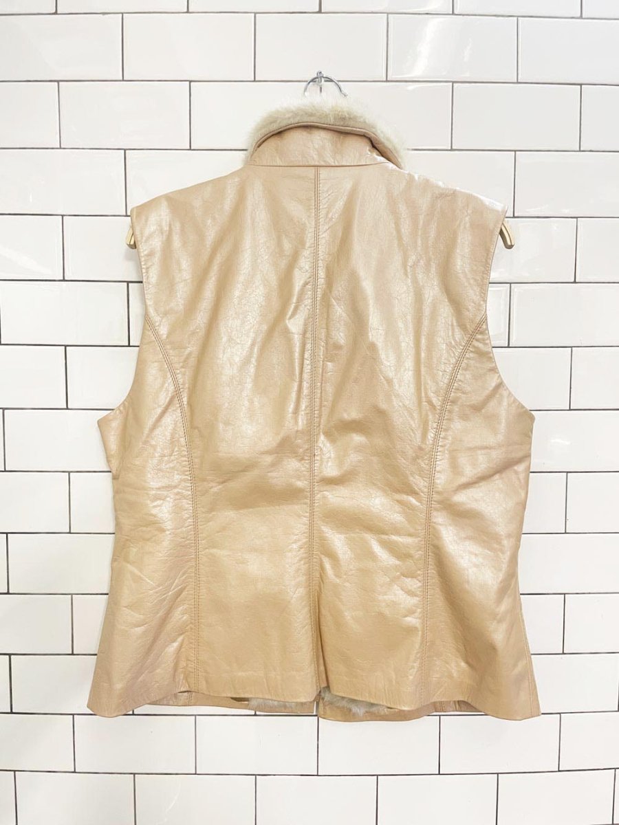 y2k liz claiborne pearl leather minimal zip vest with faux fur trim - good market thrift store