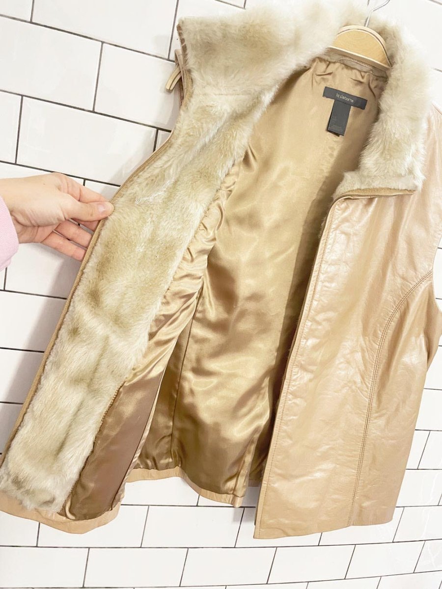 y2k liz claiborne pearl leather minimal zip vest with faux fur trim - good market thrift store