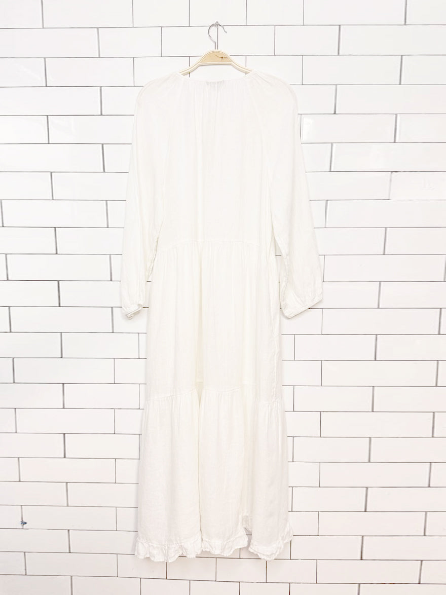 j crew 100% linen ruffle hem long sleeve tiered midi dress | made in India