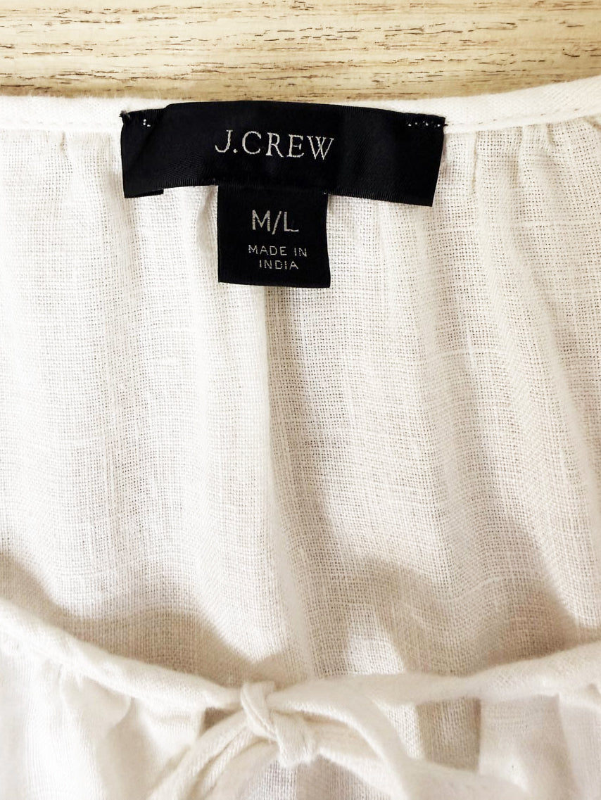 j crew 100% linen ruffle hem long sleeve tiered midi dress | made in India
