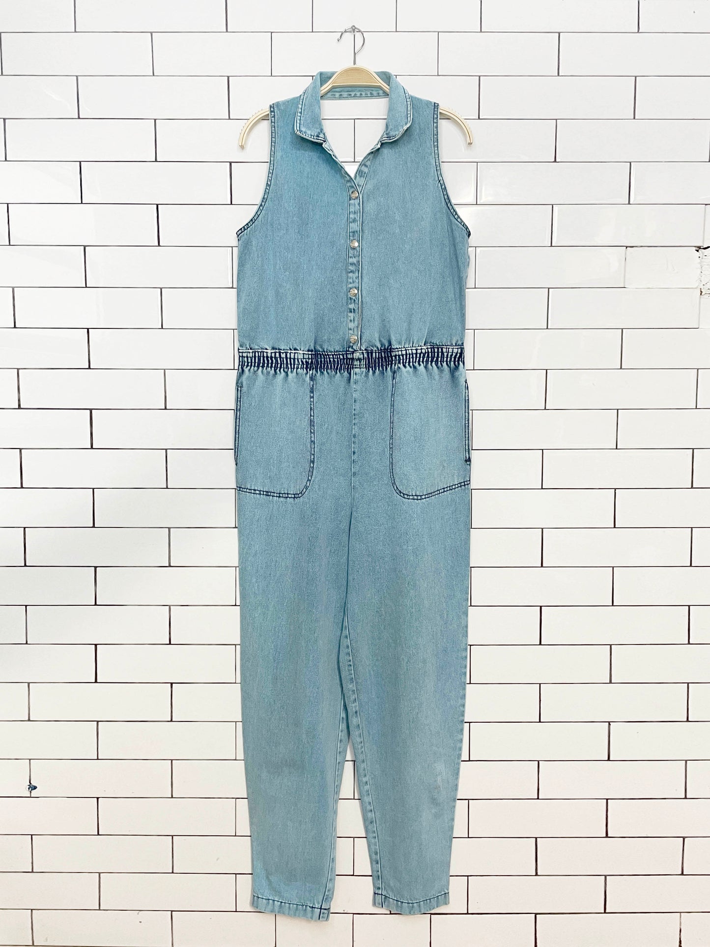 vintage 90s fiori blu denim collared halter-neck jumpsuit | made in Canada