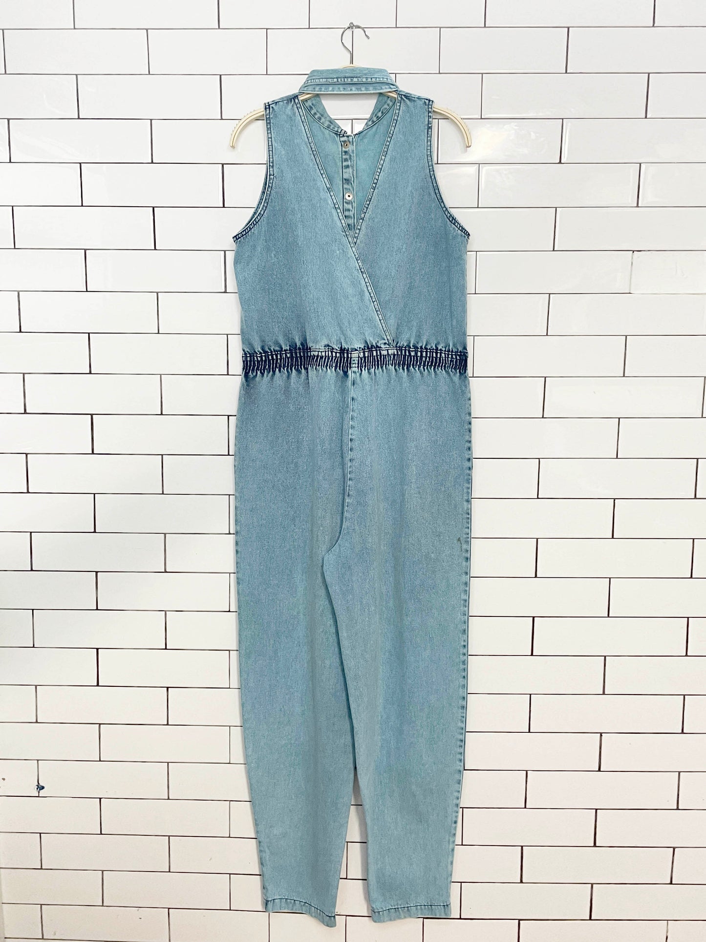 vintage 90s fiori blu denim collared halter-neck jumpsuit | made in Canada