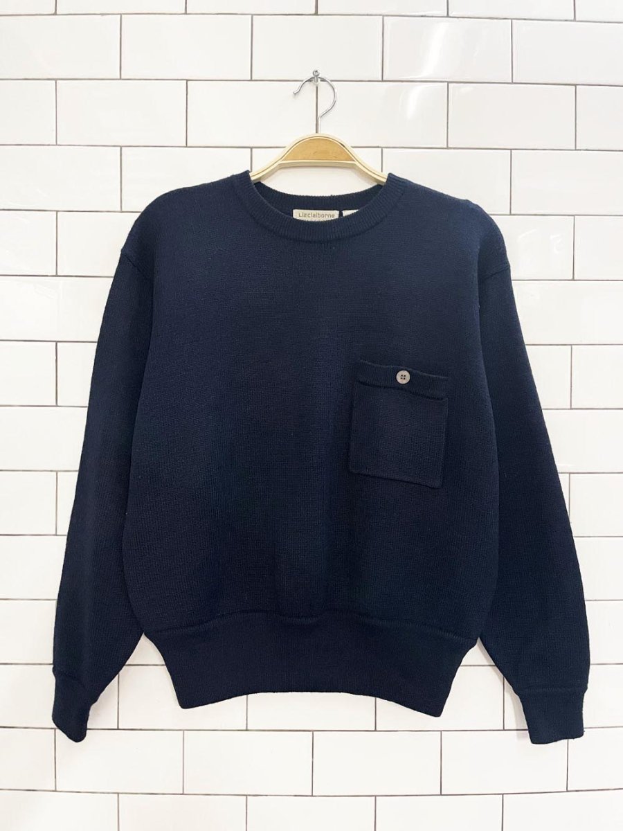 vintage 00s liz claiborne wool - blend minimal pocket knit sweater - good market thrift store