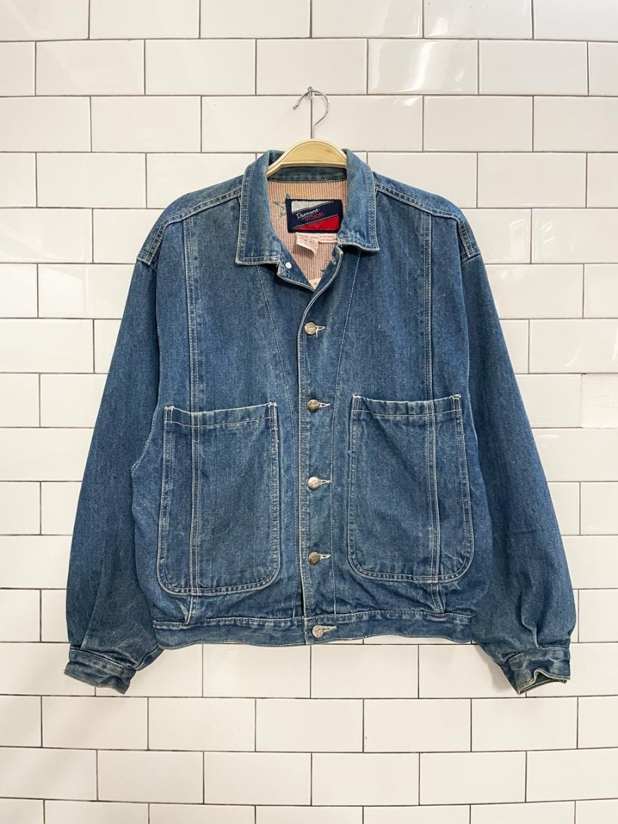 vintage 90s premiere vision flannel - lined denim jacket - good market thrift store