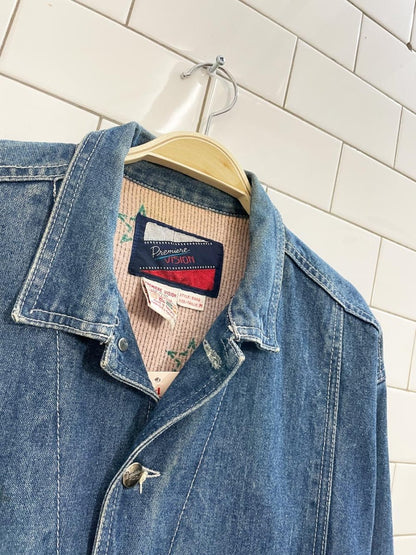 vintage 90s premiere vision flannel - lined denim jacket - good market thrift store