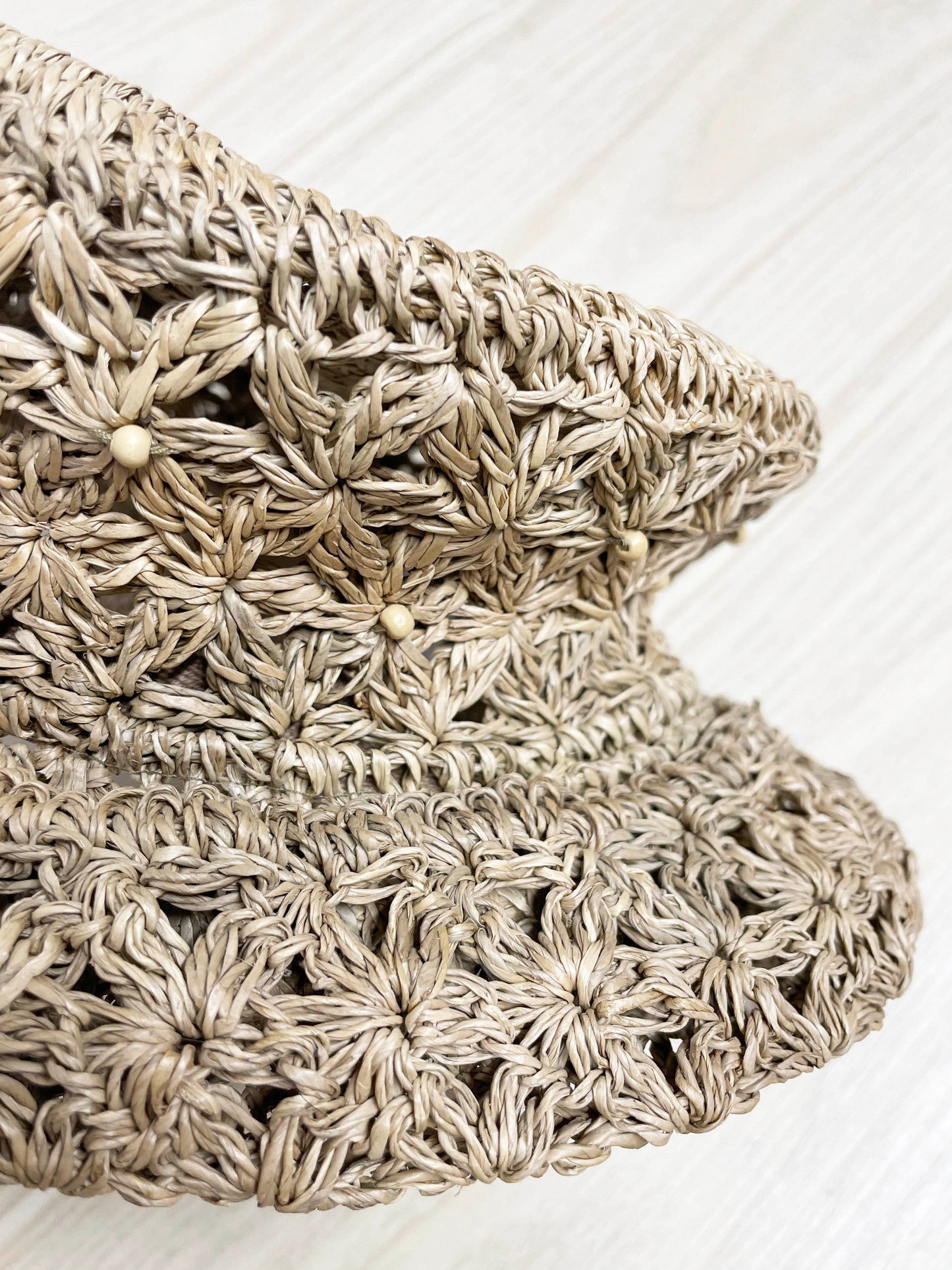 vintage 00s liz caliborne woven crochet raffia wood bead bucket hat