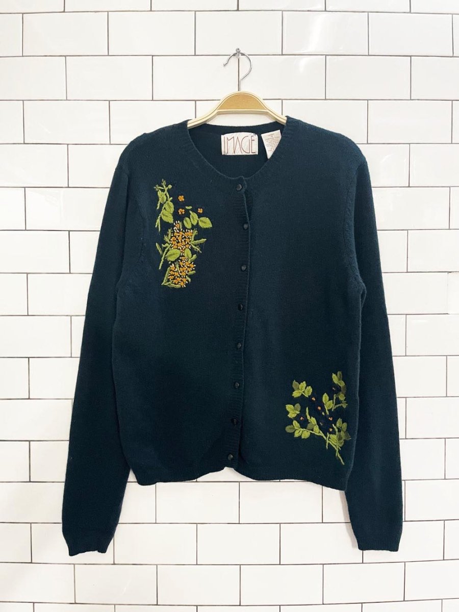 vintage 00s image wool fall florals embroidered knit cardigan - good market thrift store