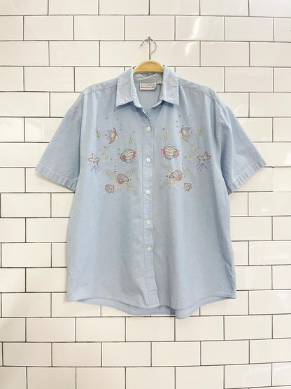 vintage 00s allyson whitmore fish embroidered shirt - good market thrift store