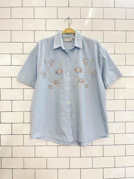 vintage 00s allyson whitmore fish embroidered shirt - good market thrift store