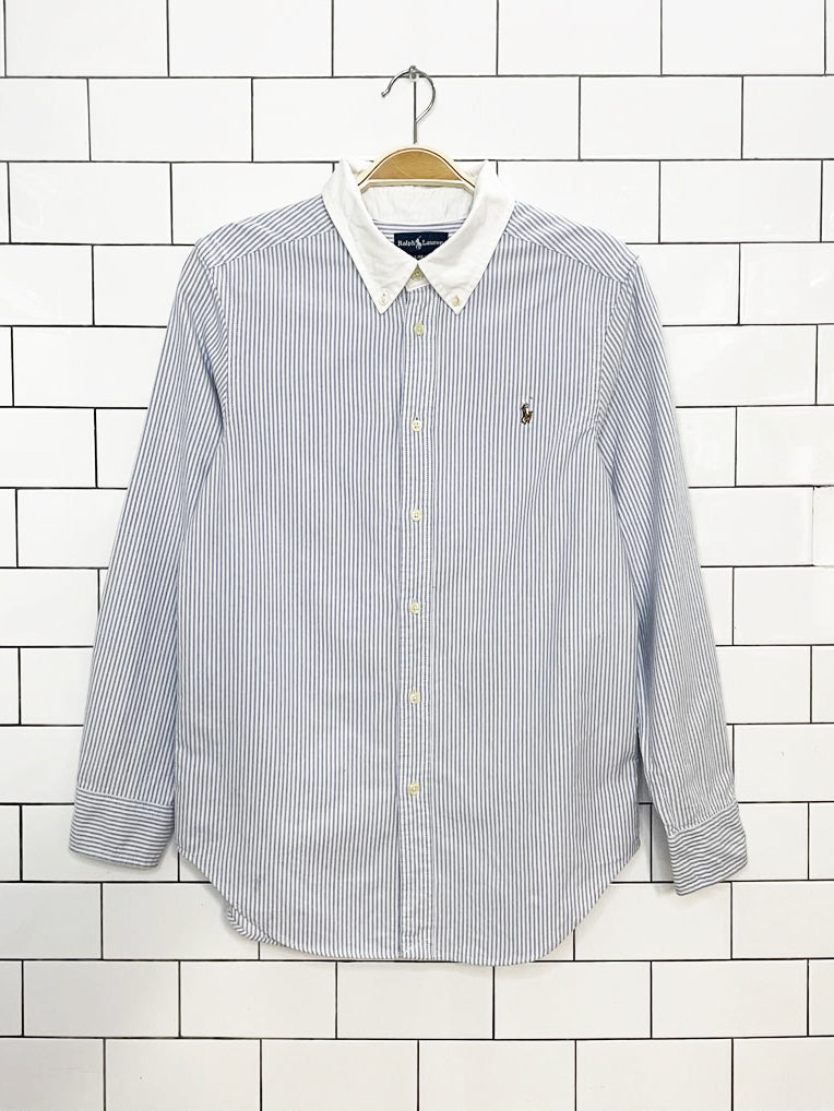 ralph lauren 100% cotton contrast collar blue stripe full button shirt