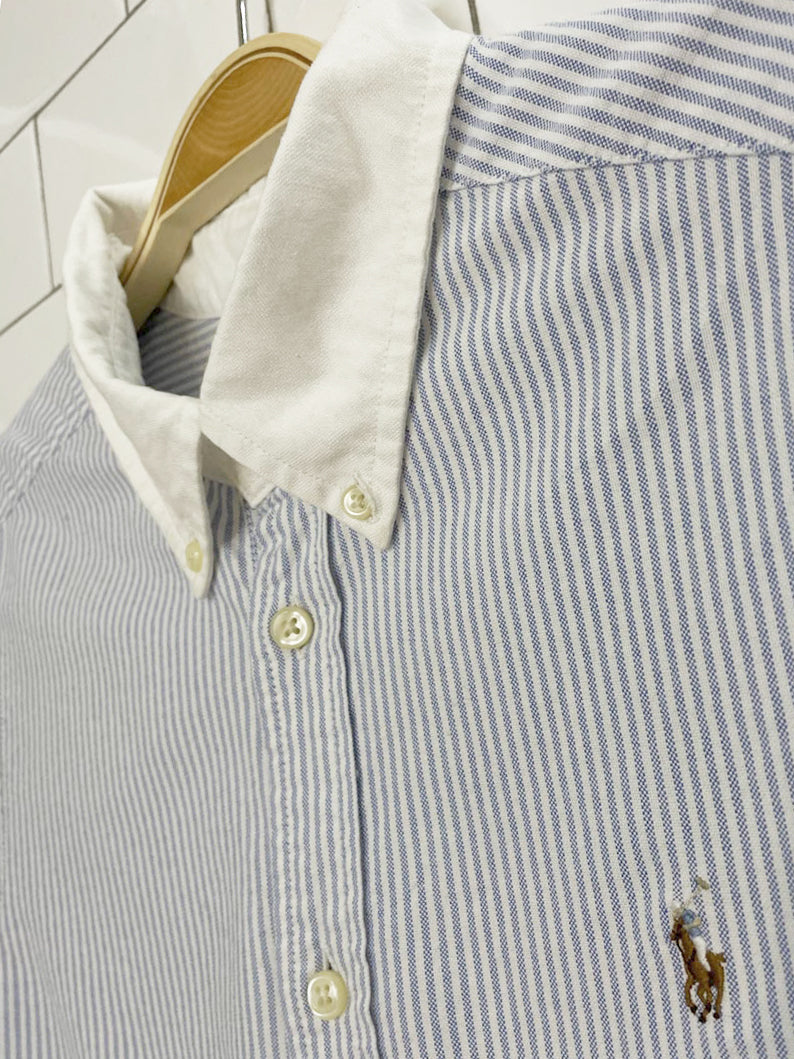 ralph lauren 100% cotton contrast collar blue stripe full button shirt