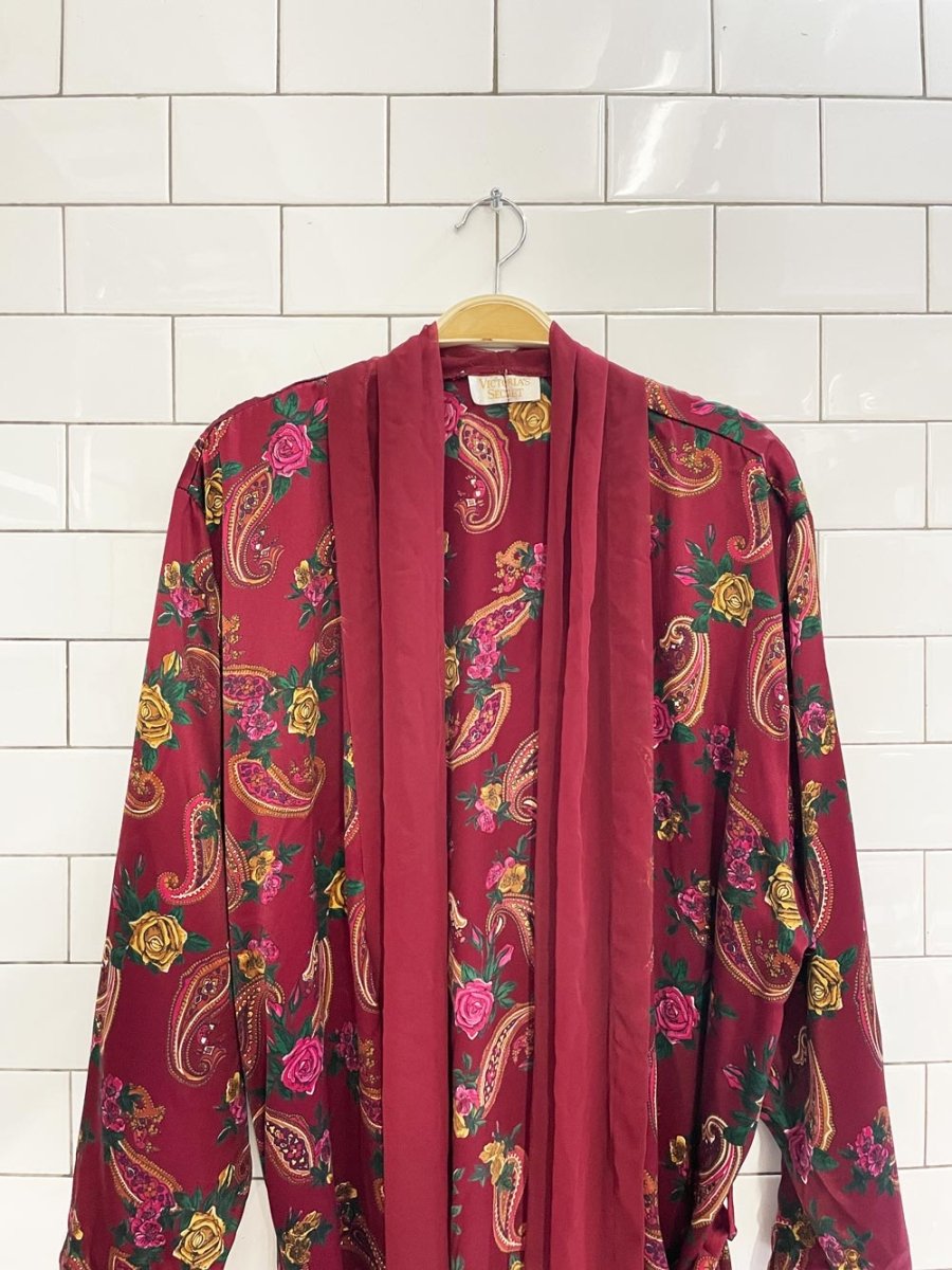 vintage 80s victoria's secret chiffon trim satin paisley robe - good market thrift store