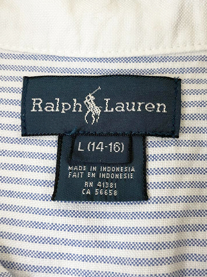 ralph lauren 100% cotton contrast collar blue stripe full button shirt